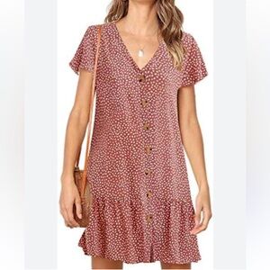 Red V-neck Short Sleeve Ruffle Bottom Mini Dress